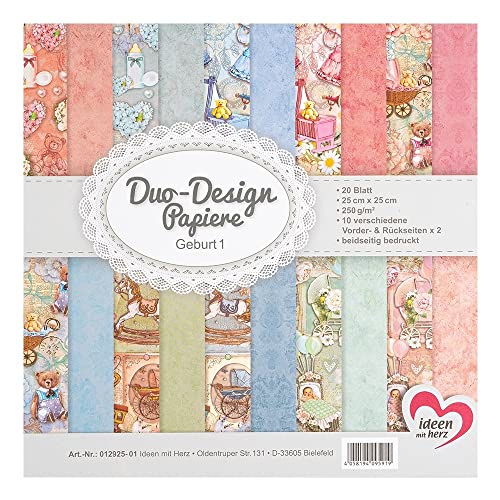 Ideen mit Herz Duo-Design-Papiere | Block mit 20 Blatt Bastelpapier | 25 x 25 cm | 250g/m² | beidseitig bedruckt | Designpapier, Motivpapier | ideal für Scrapbooking, Basteln (Geburt) von Ideen mit Herz