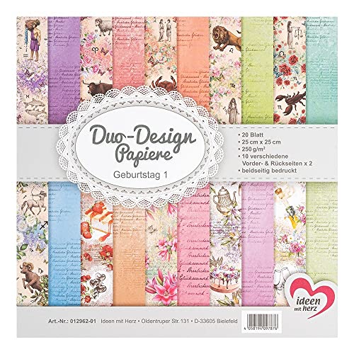 Ideen mit Herz Duo-Design-Papiere | Block mit 20 Blatt Bastelpapier | 25 x 25 cm | 250g/m² | beidseitig bedruckt | Designpapier, Motivpapier | ideal für Scrapbooking, Basteln (Geburtstag 01) von Ideen mit Herz