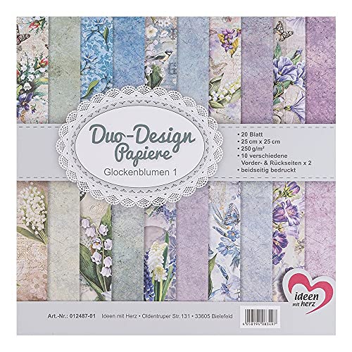 Ideen mit Herz Duo-Design-Papiere | Block mit 20 Blatt Bastelpapier | 25 x 25 cm | 250g/m² | beidseitig bedruckt | Designpapier, Motivpapier | ideal für Scrapbooking, Basteln (Glockenblumen 01) von Ideen mit Herz