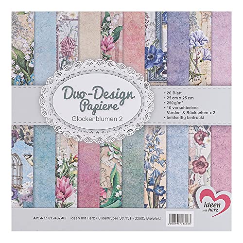 Ideen mit Herz Duo-Design-Papiere | Block mit 20 Blatt Bastelpapier | 25 x 25 cm | 250g/m² | beidseitig bedruckt | Designpapier, Motivpapier | ideal für Scrapbooking, Basteln (Glockenblumen 02) von Ideen mit Herz