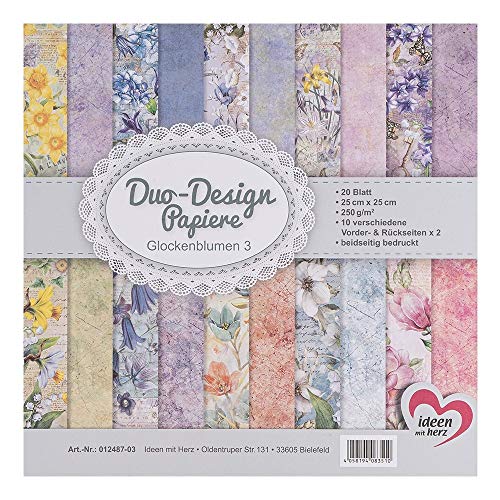 Ideen mit Herz Duo-Design-Papiere | Block mit 20 Blatt Bastelpapier | 25 x 25 cm | 250g/m² | beidseitig bedruckt | Designpapier, Motivpapier | ideal für Scrapbooking, Basteln (Glockenblumen 03) von Ideen mit Herz