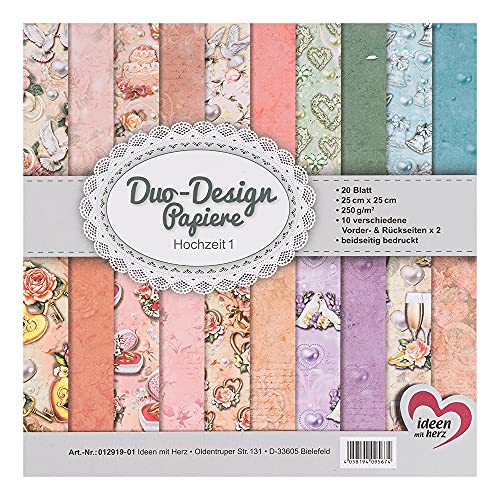 Ideen mit Herz Duo-Design-Papiere | Block mit 20 Blatt Bastelpapier | 25 x 25 cm | 250g/m² | beidseitig bedruckt | Designpapier, Motivpapier | ideal für Scrapbooking, Basteln (Hochzeit 01) von Ideen mit Herz