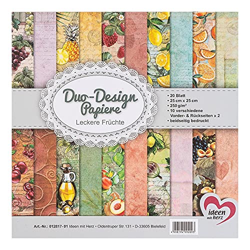 Ideen mit Herz Duo-Design-Papiere | Block mit 20 Blatt Bastelpapier | 25 x 25 cm | 250g/m² | beidseitig bedruckt | Designpapier, Motivpapier | ideal für Scrapbooking, Basteln (Leckere Früchte) von Ideen mit Herz