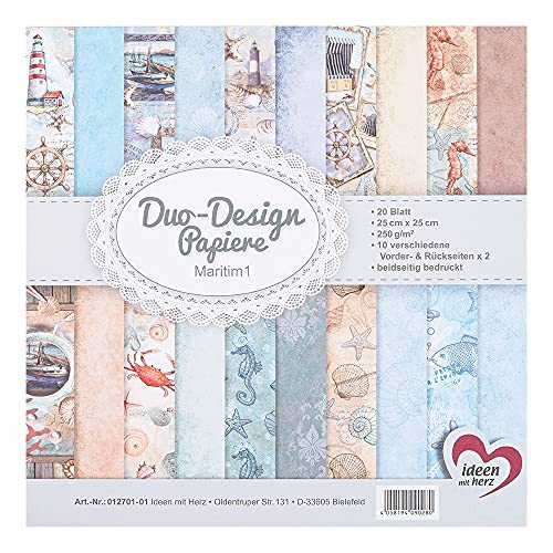 Ideen mit Herz Duo-Design-Papiere | Block mit 20 Blatt Bastelpapier | 25 x 25 cm | 250g/m² | beidseitig bedruckt | Designpapier, Motivpapier | ideal für Scrapbooking, Basteln (Maritim 01) von Ideen mit Herz