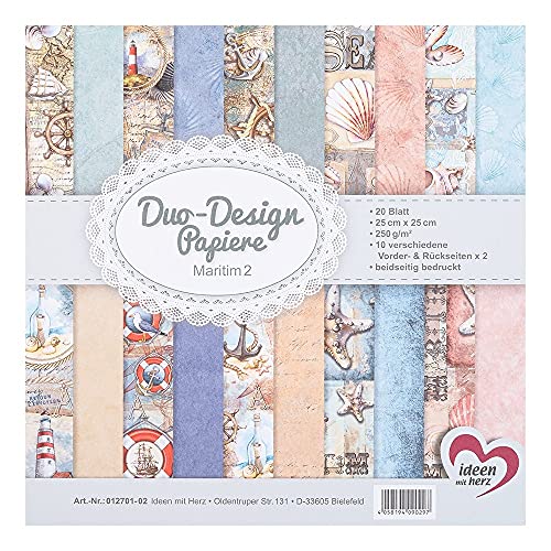 Ideen mit Herz Duo-Design-Papiere | Block mit 20 Blatt Bastelpapier | 25 x 25 cm | 250g/m² | beidseitig bedruckt | Designpapier, Motivpapier | ideal für Scrapbooking, Basteln (Maritim 02) von Ideen mit Herz