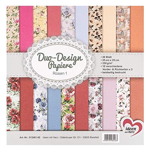 Ideen mit Herz Duo-Design-Papiere | Block mit 20 Blatt Bastelpapier | 25 x 25 cm | 250g/m² | beidseitig bedruckt | Designpapier, Motivpapier | ideal für Scrapbooking, Basteln (Rosen 01) von Ideen mit Herz