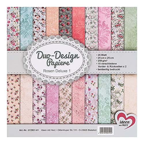 Ideen mit Herz Duo-Design-Papiere | Block mit 20 Blatt Bastelpapier | 25 x 25 cm | 250g/m² | beidseitig bedruckt | Designpapier, Motivpapier | ideal für Scrapbooking, Basteln (Rosen Deluxe 01) von Ideen mit Herz