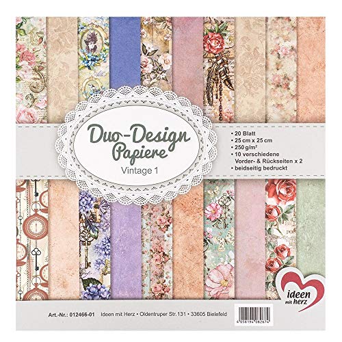 Ideen mit Herz Duo-Design-Papiere | Block mit 20 Blatt Bastelpapier | 25 x 25 cm | 250g/m² | beidseitig bedruckt | Designpapier, Motivpapier | ideal für Scrapbooking, Basteln (Vintage 01) von Ideen mit Herz