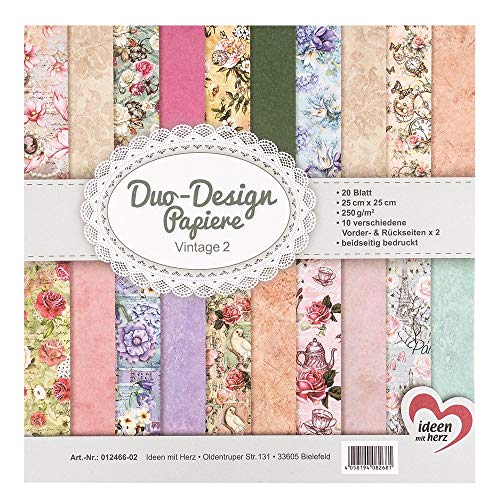 Ideen mit Herz Duo-Design-Papiere | Block mit 20 Blatt Bastelpapier | 25 x 25 cm | 250g/m² | beidseitig bedruckt | Designpapier, Motivpapier | ideal für Scrapbooking, Basteln (Vintage 02) von Ideen mit Herz