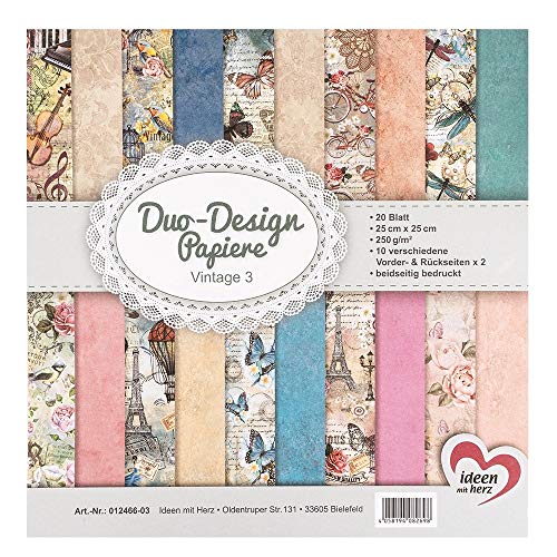 Ideen mit Herz Duo-Design-Papiere | Block mit 20 Blatt Bastelpapier | 25 x 25 cm | 250g/m² | beidseitig bedruckt | Designpapier, Motivpapier | ideal für Scrapbooking, Basteln (Vintage 03) von Ideen mit Herz