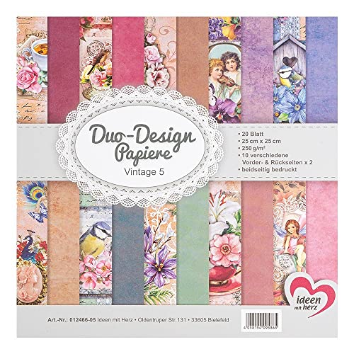 Ideen mit Herz Duo-Design-Papiere | Block mit 20 Blatt Bastelpapier | 25 x 25 cm | 250g/m² | beidseitig bedruckt | Designpapier, Motivpapier | ideal für Scrapbooking, Basteln (Vintage 05) von Ideen mit Herz