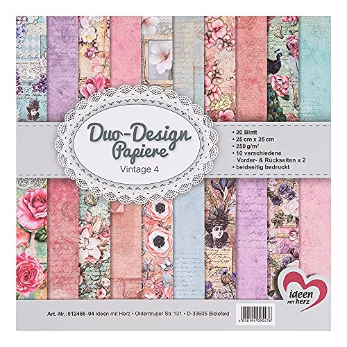 Ideen mit Herz Duo-Design-Papiere | Block mit 20 Blatt Bastelpapier | 25 x 25 cm | 250g/m² | beidseitig bedruckt | Designpapier, Motivpapier | ideal für Scrapbooking, Basteln (Vintage 4) von Ideen mit Herz