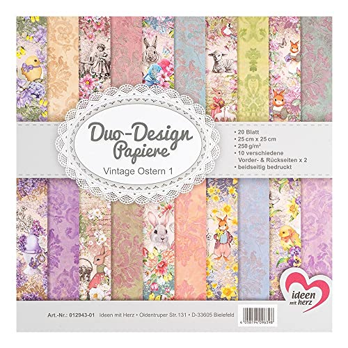 Ideen mit Herz Duo-Design-Papiere | Block mit 20 Blatt Bastelpapier | 25 x 25 cm | 250g/m² | beidseitig bedruckt | Designpapier, Motivpapier | ideal für Scrapbooking, Basteln (Vintage Ostern 01) von Ideen mit Herz