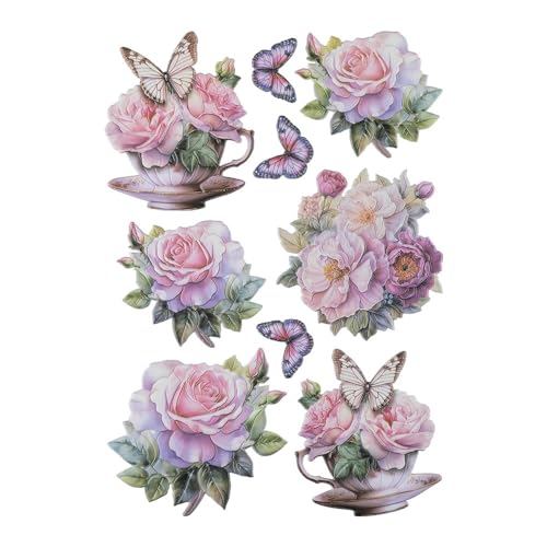 Ideen mit Herz Stickerbogen 3-D Relief-Sticker | Aufkleber | Hochwertig geprägt mit 3-D-Effekt | Fensterbilder | Scrapbooking | Din A4 Bogen mit vielen Motiven (Blumen in Tasse 3) von Ideen mit Herz