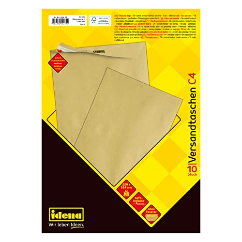 Idena 10234 - Versandtaschen DIN C4, 10 Stück haftklebend, Briefumschläge ohne Fenster, aus 90 g/m² FSC-Recycled Papier in Braun von Idena