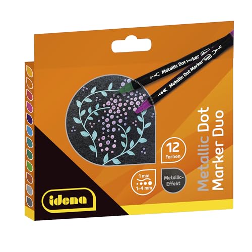 Idena 10855 10855-Dot Marker mit Doppelspitze, 12 Filzstifte in Metallic-Farben, wasserfeste Stifte für viele Untergründe, Mehrfarbig, Universal von Idena