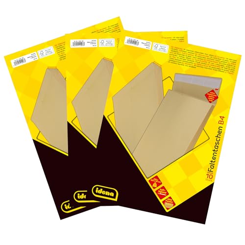 Idena 11093-3 - Versandtaschen DIN B4, 30 Stück haftklebend, Faltentaschen mit 4 cm Bodenfalte, Briefumschläge ohne Fenster, aus 140 g/m² FSC-Recycled Papier in Braun von Idena