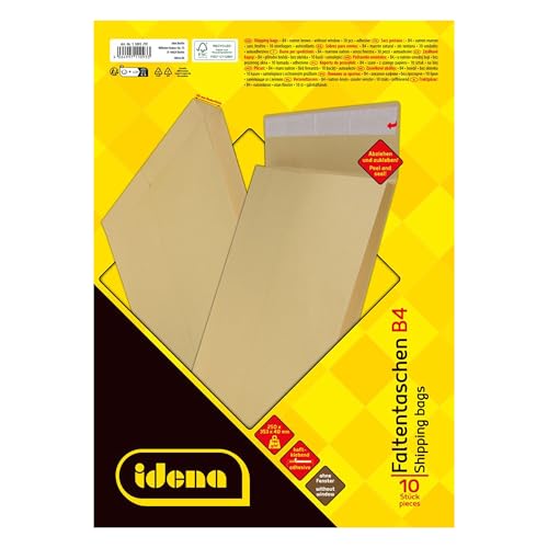 Idena 11093 - Versandtaschen DIN B4, 10 Stück haftklebend, Faltentaschen mit 4 cm Bodenfalte, Briefumschläge ohne Fenster, aus 140 g/m² FSC-Recycled Papier in Braun von Idena