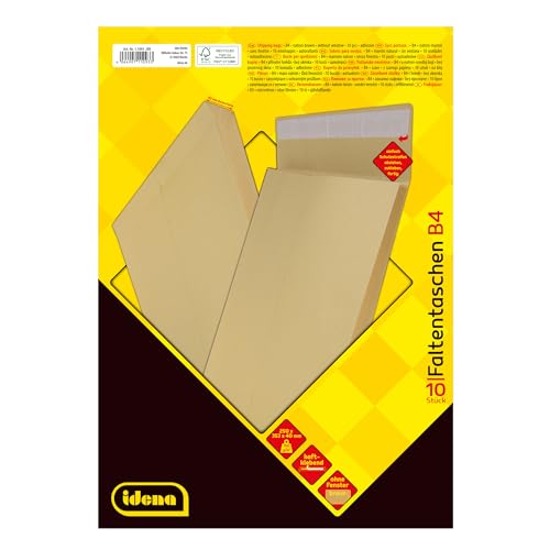 Idena 11093 - Versandtaschen DIN B4, 10 Stück haftklebend, Faltentaschen mit 4 cm Bodenfalte, Briefumschläge ohne Fenster, aus 140 g/m² FSC-Recycled Papier in Braun von Idena