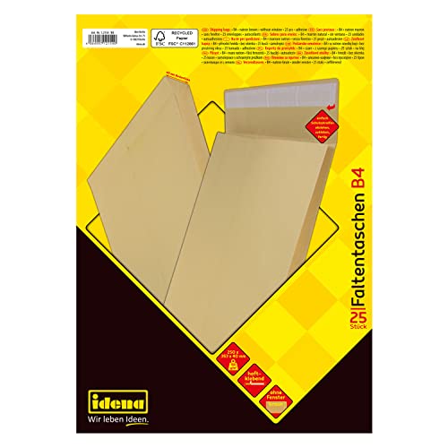 Idena 12154 - Versandtaschen DIN B4, 25 Stück haftklebend, Faltentaschen mit 4 cm Bodenfalte, Briefumschläge ohne Fenster, aus 150 g/m² FSC-Recycled Papier in Braun von Idena