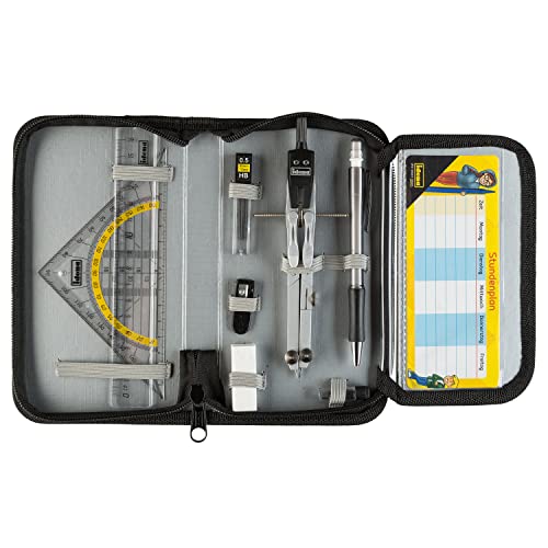 Idena 20066 - Zirkel im Etui, 11-teilig, mit Geodreieck, Lineal, Ersatzminen für den Zirkel, Druckbleistift & Ersatzminen, Stundenplan, Radiergummi & Spitzer von Idena