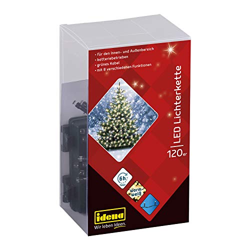 Idena 30075 - LED Lichterkette mit 120 LED in warmweiß, 8 Lichtfunktionen, mit 6 Stunden Timer Funktion, batteriebetrieben, ca. 10,5 m lang, für Partys, Weihnachten, Deko, Hochzeit von Idena