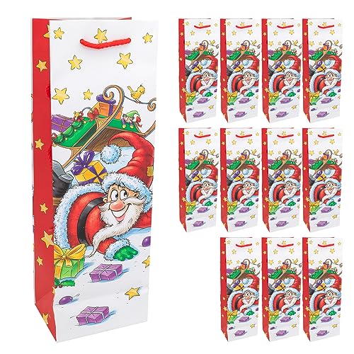 Idena 30346-12 - Flaschentasche Santa, 12 Stück, 12 x 36 x 9 cm, Papiertüten, Geschenktaschen, Weihnachtstüten von Idena