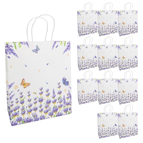 Idena 30401-12 - Geschenktüten, 12 Stück, Geschenktaschen in der Größe 18 x 10 x 27 cm, Papiertüten mit lila Blumen und Schmetterlingen von Idena