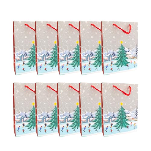 Idena 30489 -10 - Geschenktüten Winter, 10 Stück, Geschenktaschen in der Größe 25 x 34,5 cm, Papiertüten Winter in Rot und Weiß mit Schnee und Weihnachtsbaum von Idena