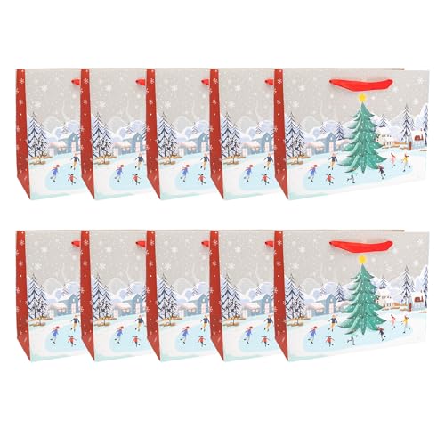 Idena 30490 -10 - Geschenktüten Winter, 10 Stück, Geschenktaschen in der Größe 26 x 20 x 11 cm, Papiertüten Winter in Rot und Weiß mit Schnee und Weihnachtsbaum von Idena