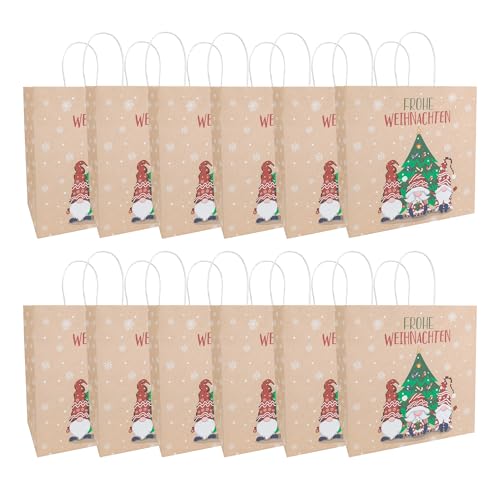 Idena 30512-12 - Geschenktüten Frohe Weihnachten, 12 Stück, Geschenktaschen in der Größe 28 x 28 x 15 cm, Papiertüten Weihnachten, Wichtel mit Weihnachtsbaum von Idena