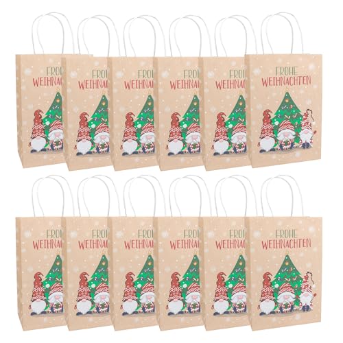 Idena 30513 -12 - Geschenktüten Frohe Weihnachten, 12 Stück, Geschenktaschen in der Größe 18 x 27 cm, Papiertüten Weihnachten, Wichtel mit Weihnachtsbaum von Idena