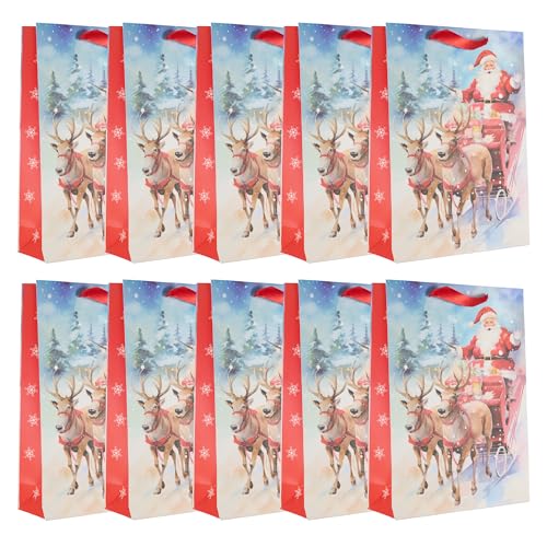 Idena 30515 -10 - Geschenktüten Weihnachten, 10 Stück, Geschenktaschen in der Größe 25 x 34 x 9 cm, Papiertüten Weihnachtsmann auf dem Schlitten und Rentiere von Idena