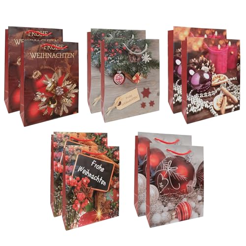 Idena 30517 -10 - Geschenktüten Weihnachten, 10 Stück, Geschenktaschen in der Größe 18 x 23 x 8 cm, Papiertüten in 5 weihnachtlichen Motiven von Idena