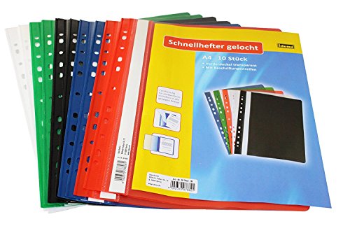 Idena 307862 - Schnellhefter A4 gelocht, aus Kunststoff, 10 Stück, 5 Farben, 2 x blau/grün/rot/weiß/schwarz (gelocht / 5 Packungen) von Idena