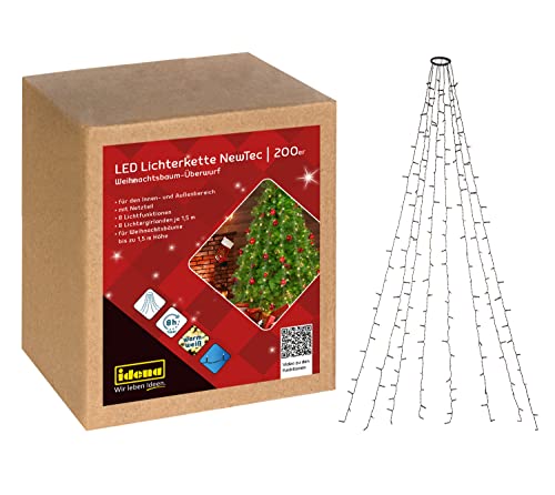 Idena 31040 - NewTec LED Lichterkette für Außen & Innen mit 200 LED in Warmweiß, Weihnachtsbaum-Überwurf mit 8 Strängen, 8 Lichteinstellungen, Netzteil und 8 Stunden Timer Funktion von Idena