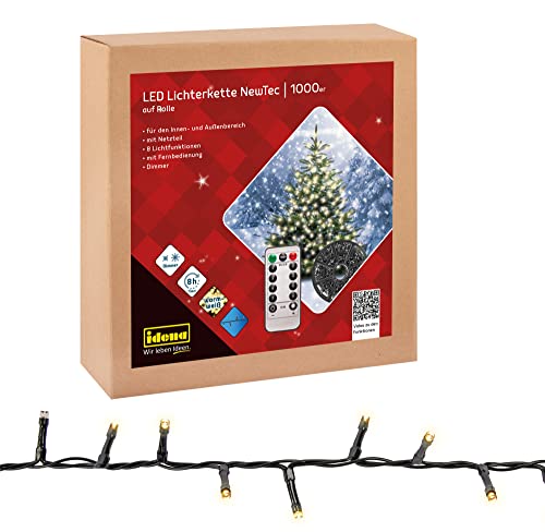 Idena 31115 - LED Lichterkette mit 1000 LEDs in Warmweiß, 8 Stunden Timer Funktion, Dimmer und Memory, mit Kabelaufroller, ca. 35 m lang, zum Basteln, als Party Deko, Weihnachtsdeko, zur Hochzeit von Idena