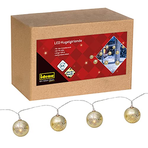 Idena 31267 - LED Girlande mit 10 LED in goldenen Weihnachtskugeln, warmweiß, batteriebetrieben, mit 6 Stunden Timer Funktion, Lichter-Kette als Dekoration zur Adventszeit und zu Weihnachten von Idena