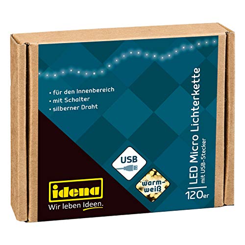 Idena 31483 - LED Micro Lichterkette mit 120 LEDs in Warmweiß, mit USB Stecker und Schalter, ca. 13,5 m lang, Deko für Innen, zum Basteln, als Party Deko, Weihnachtsdeko, zur Hochzeit von Idena