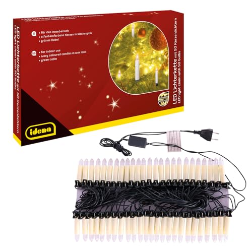 Idena 31839 - LED Lichterkette mit 50 Kerzenlichtern, elfenbeinfarbene Kerzen mit Befestigungs-Klemmen, ca. 26 m lang, Deko für Innen, Weihnachtsdeko und Beleuchtung für den Weihnachtsbaum von Idena