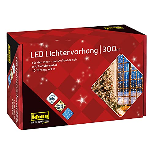 Idena 31856 - LED Lichtervorhang mit 300 LED in warmweiß, mit 8 Stunden Timer Funktion und Transformator, ca. 3 x 3 m groß, für den Innen- und Außenbereich, als Deko für Partys, Weihnachten von Idena