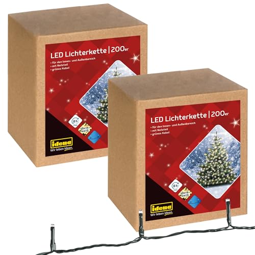 Idena 31869-2 - 2 Stück LED Lichterkette mit 200 LEDs in Gold-Gelb, für Außen & Innen, mit 8 Stunden Timer Funktion und Transformator, ca. 29,9 m lang, als Party Deko, Weihnachtsdeko von Idena