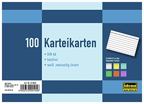 Idena 375036 - Karteikarten DIN A6, 100 Stück, 180 g/m², holzfreies Papier, eingeschweißt, liniert, weiß von Idena