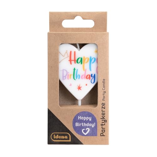 Idena 50097 - Partykerze Herz Happy Birthday, Geburtstagskerze aus Paraffinwachs, lebensmittelecht, Größe Motiv ca. 5 x 5 x 1 cm, Länge Spieß ca. 4 cm von Idena