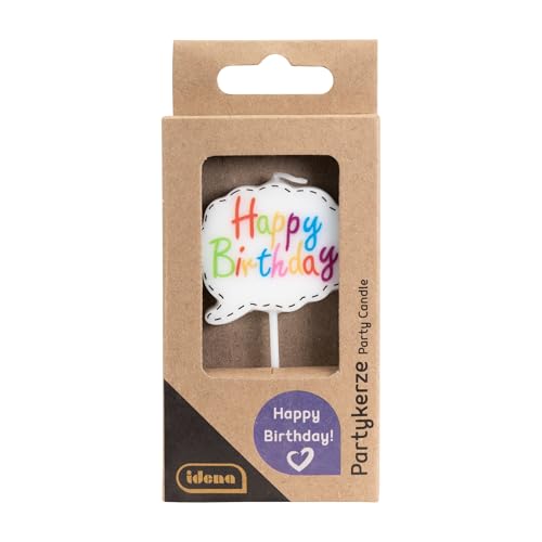 Idena 50098 - Partykerze Sprechblase Happy Birthday, Geburtstagskerze aus Paraffinwachs, lebensmittelecht, Größe Motiv ca. 4,5 x 4 x 0,7 cm, Länge Spieß ca. 4,5 cm von Idena