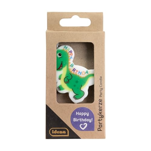 Idena 50101 - Partykerze Dinosaurier Happy Birthday, Geburtstagskerze aus Paraffinwachs, lebensmittelecht, Größe Motiv ca. 5,5 x 5 x 0,8 cm, Länge Spieß ca. 3 cm von Idena