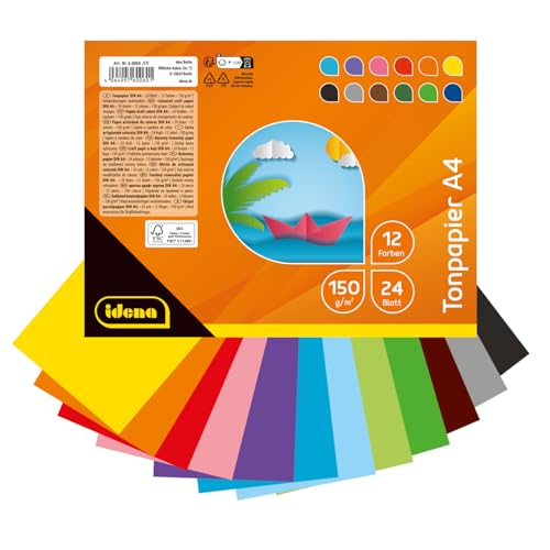 Idena 60060 - Tonpapier DIN A4, 24 Blatt Bastelpapier in 12 strahlend schönen Farben, 150 g/m², FSC-Mix von Idena