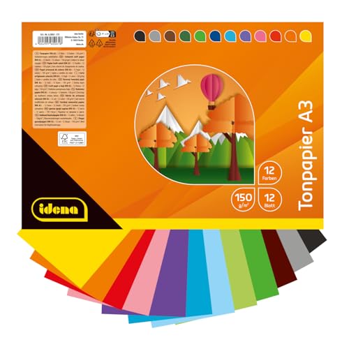 Idena 60061 - Tonpapier DIN A3, 12 Blatt Bastelpapier in 12 strahlend schönen Farben, 150 g/m², FSC-Mix von Idena