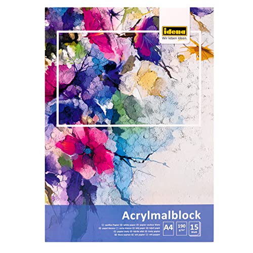 Idena 68163 - Acrylmalblock A4 mit 15 Blatt weißem, fein strukturiertem Papier zu 190g/qm, Zeichenblock für Acrylmalerei & Wasserfarben von Idena