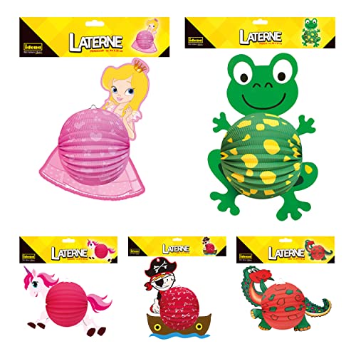 Idena 90120 - Laternen-Set, 5 Stück, Prinzessin, Frosch, Einhorn, Pirat, Dino, Lampion, Papierlaterne, Sankt Martin von Idena